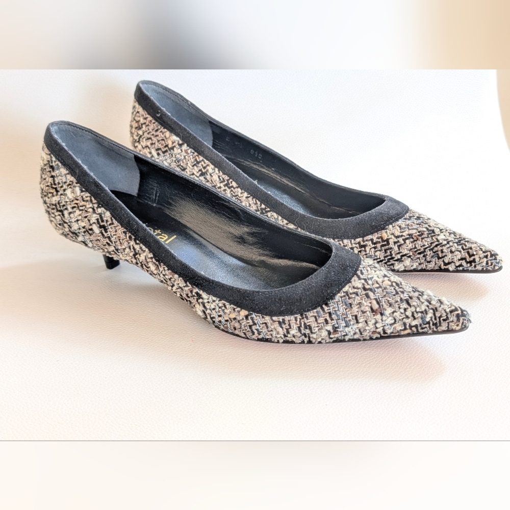 Gunmetal Tweed Pointed Heels Vero Cuoio Made In Italy Sz 36 1/2 Us 6.5